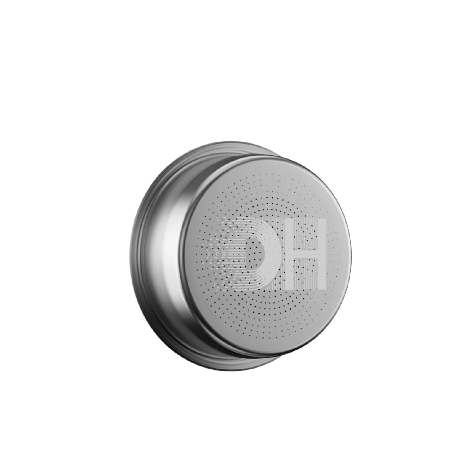 MHW-3BOMBER DH Filter Basket 58mm for espresso; silver metal with perforated design and DH logo.