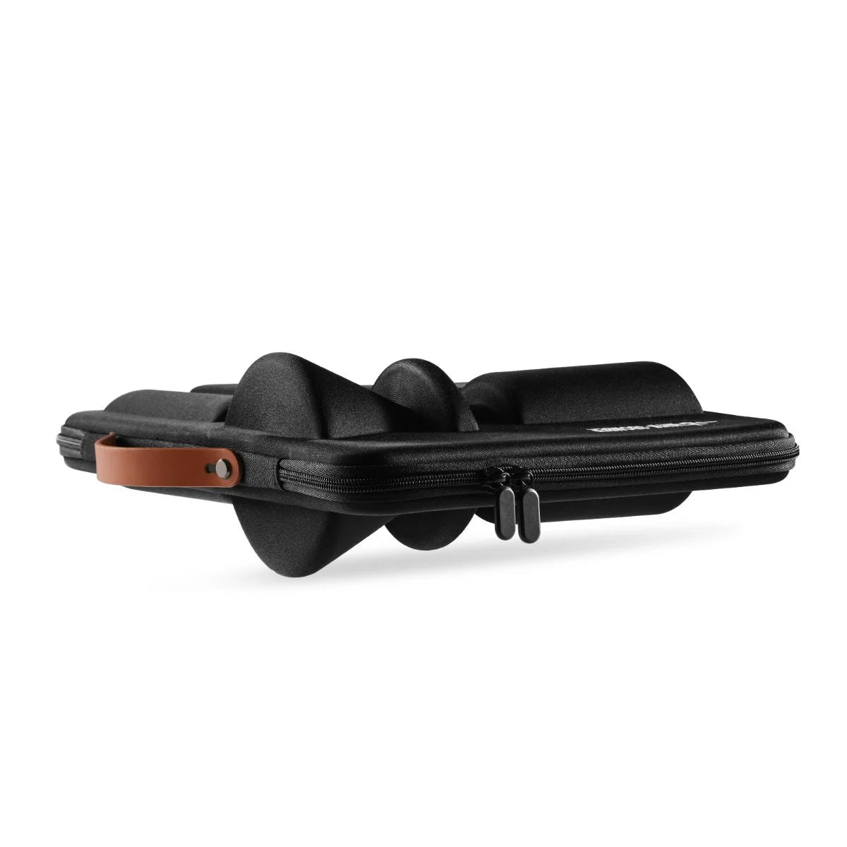MHW-3BOMBER black portable pour-over set case with brown handle and zipper. 