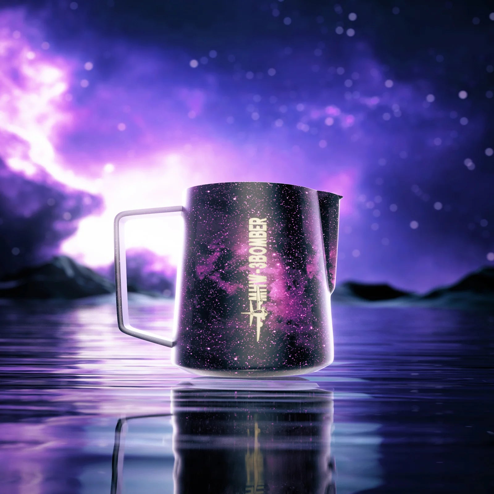 MHW-3BOMBER Latte Art Pitcher 5.0 in purple with galaxy pattern, featuring logo detail. 