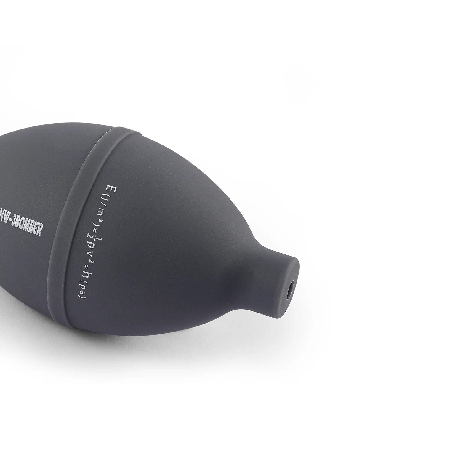 MHW-3BOMBER gray coffee air blower. Silicone body with air filter. Text detail. 
