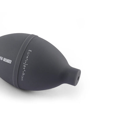 MHW-3BOMBER gray coffee air blower. Silicone body with air filter. Text detail. 