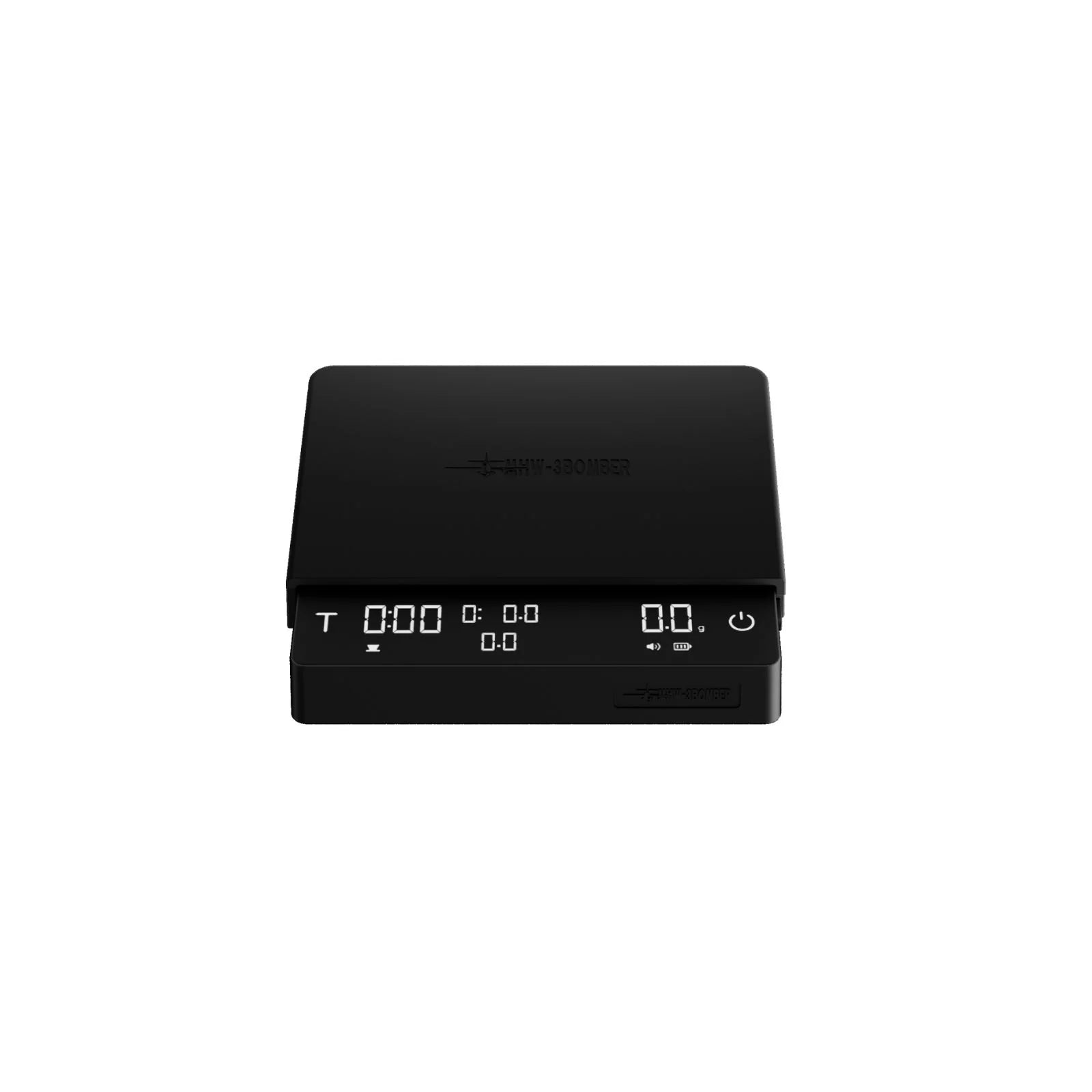 MHW-3BOMBER black Cube Coffee Scale 3.0 Pro Max. Features a digital display for weight and timer. 