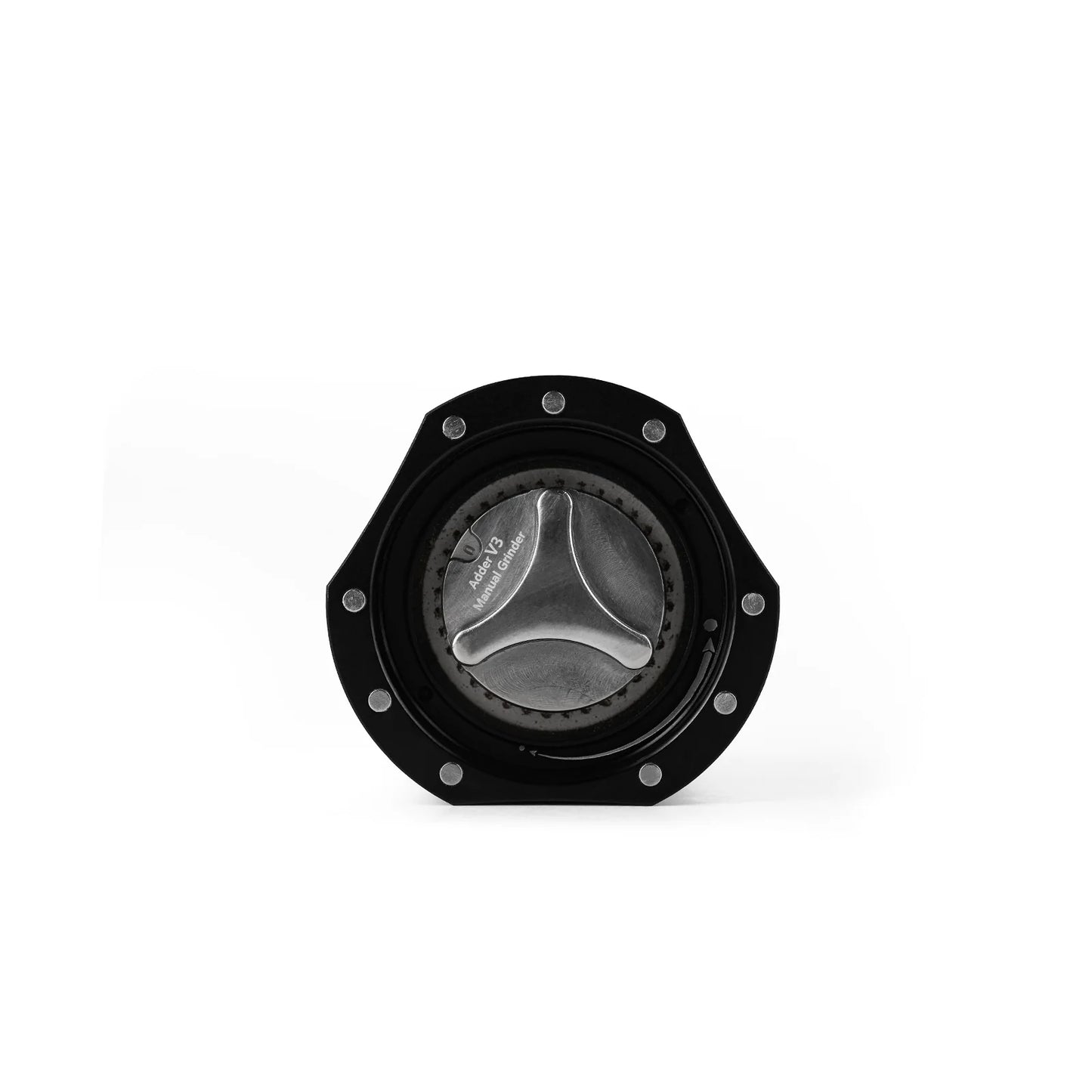 MHW-3BOMBER Adder V3 grinder top view, black with silver adjustment. Manual coffee grinder.