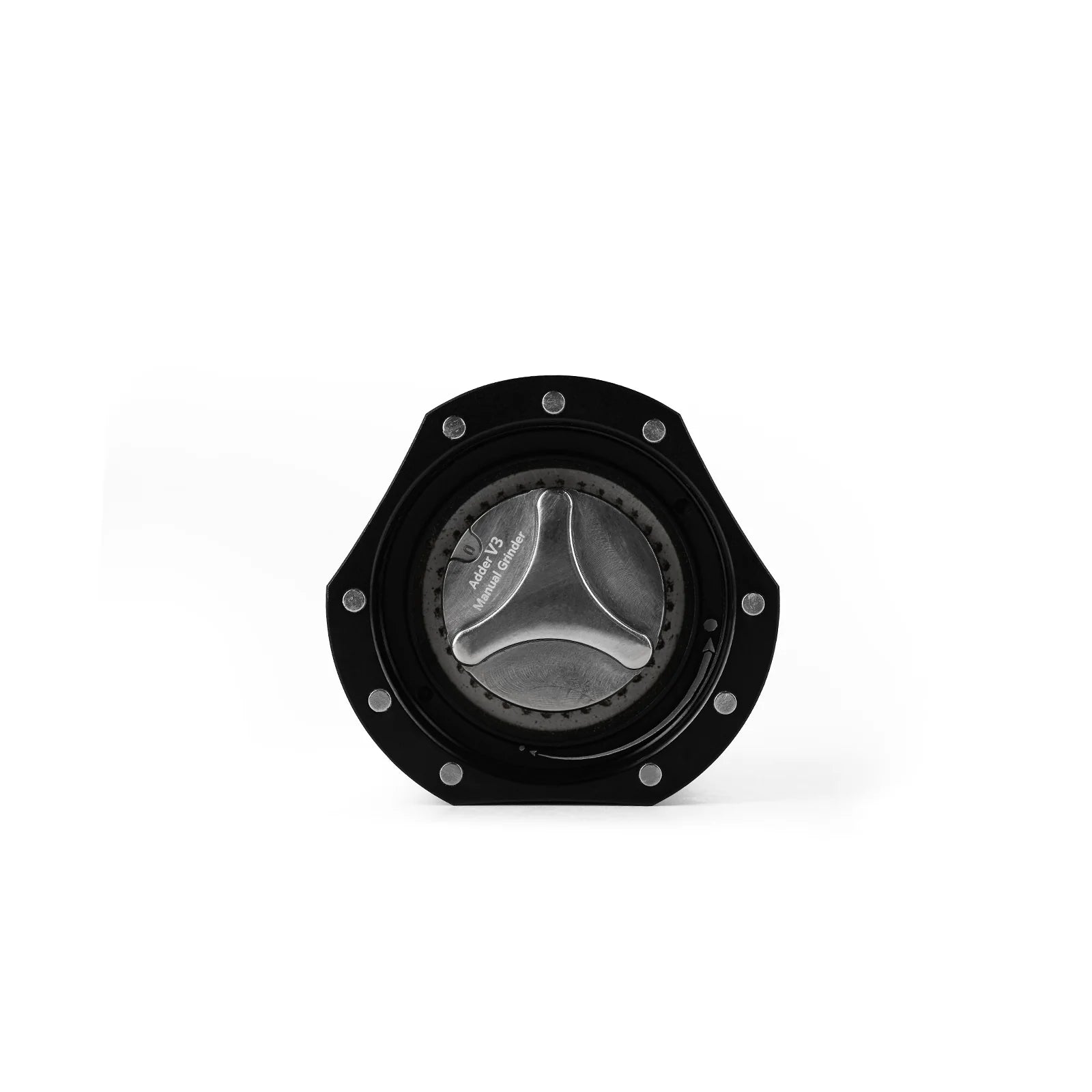 MHW-3BOMBER Adder V3 grinder top view, black with silver adjustment. Manual coffee grinder.