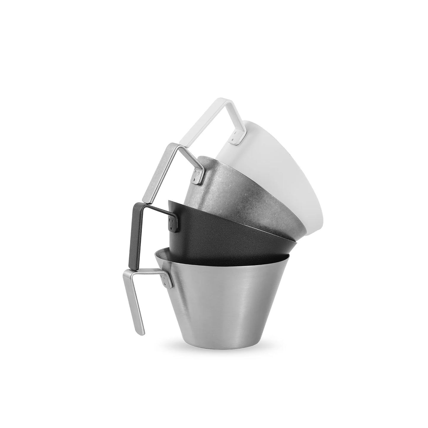 Four stacked MHW-3BOMBER Stainless Steel Measuring Cups in white, silver, black, and gray with rectangular handles on a white background, ideal for precise coffee brewing.