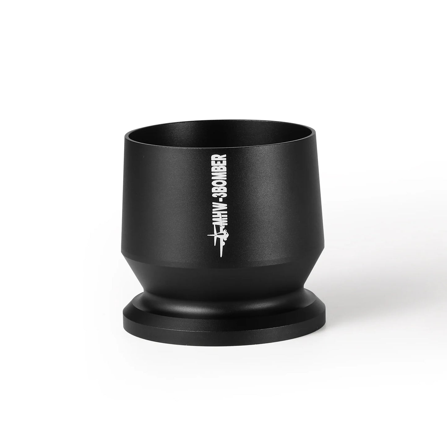 The MHW-3BOMBER Espresso Coffee Powder Dosing Funnel is a black cylindrical cup with BOMBER text and an airplane graphic in white, ideal for home enthusiasts or baristas wanting to enhance their setup.