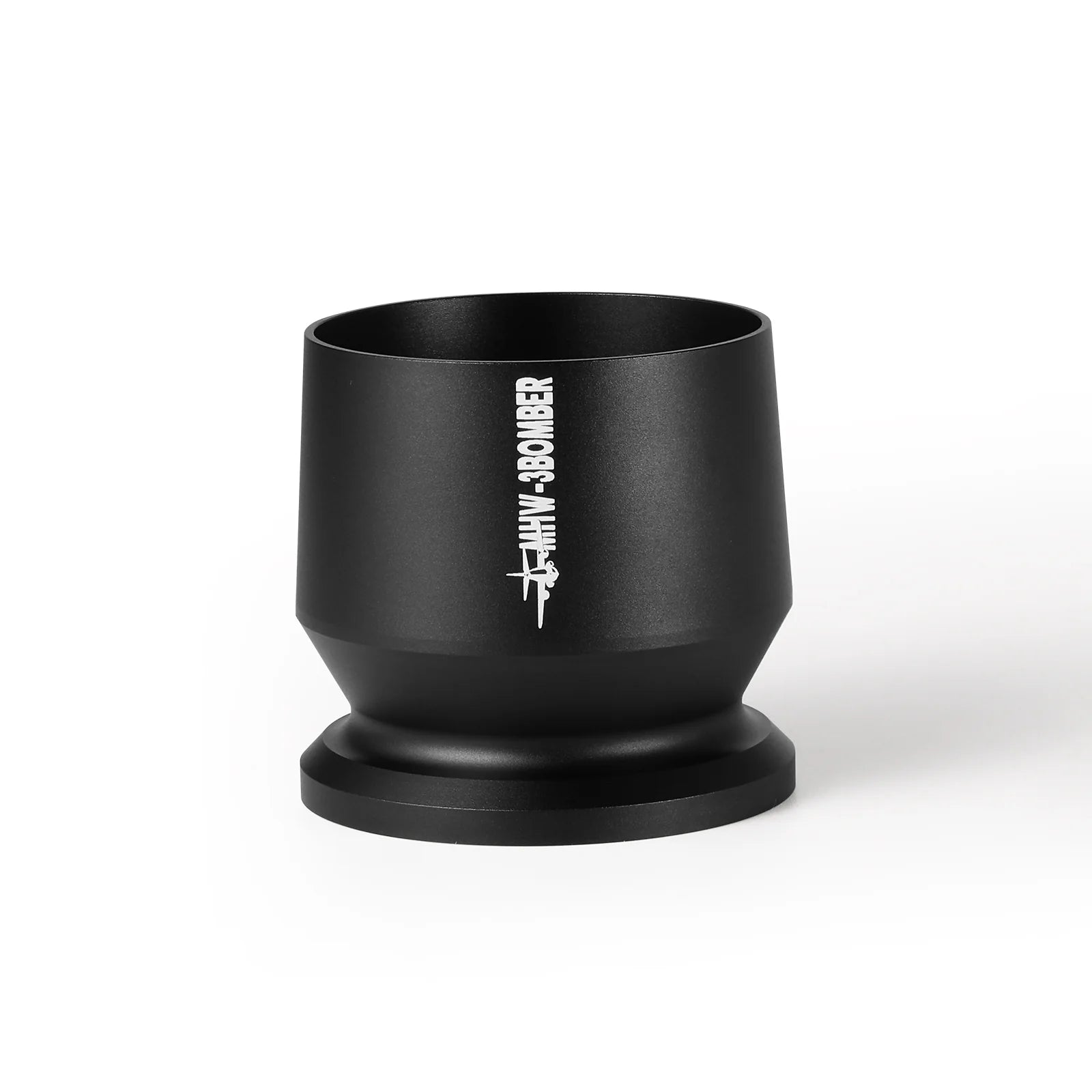 The MHW-3BOMBER Espresso Coffee Powder Dosing Funnel is a black cylindrical cup with BOMBER text and an airplane graphic in white, ideal for home enthusiasts or baristas wanting to enhance their setup.
