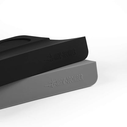 MHW-3BOMBER silicone tamper mat with two holes, black and gray, for stable portafilter tamping.