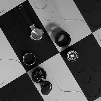 MHW-3BOMBER YU Series Tamping Base. Black and gray silicone coffee tool organizer with portafilter slot.