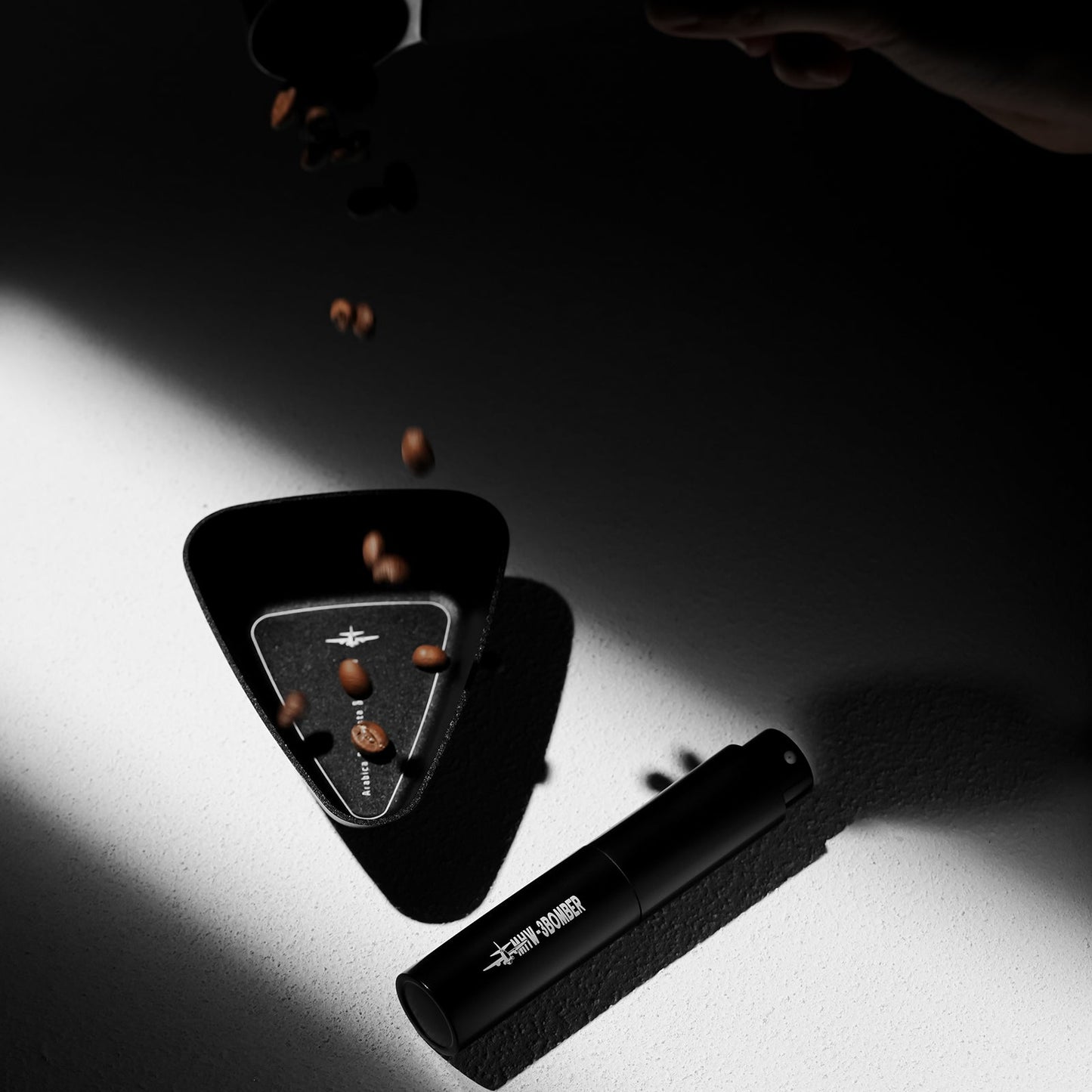 MHW-3BOMBER BeanBoat dosing cup and RDT spray bottle in a single-dose coffee setup