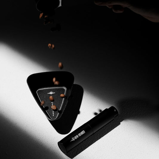 MHW-3BOMBER BeanBoat dosing cup and RDT spray bottle in a single-dose coffee setup