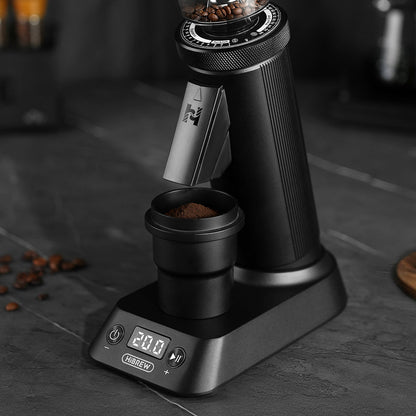 Close view of the HiBREW G5 Plus timer display set to 20.0 seconds, with the 36-point stepless grind dial marked from Turkish to pour over above it.