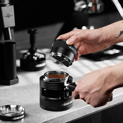 MHW-3BOMBER YU Series black coffee distributor. Infinite adjustment, clover base, and racing wheel hub design.