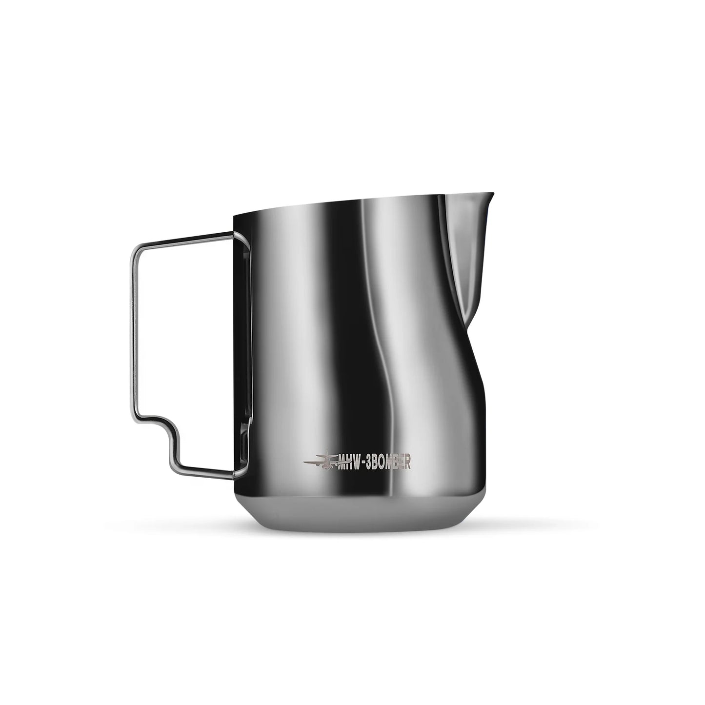 The MHW-3BOMBER Turbo Milk Pitcher Glossy, crafted in stainless steel and featuring a sleek, minimalistic design with a spout and handle, shines in silver-gray against a white backdrop—perfect for latte art.