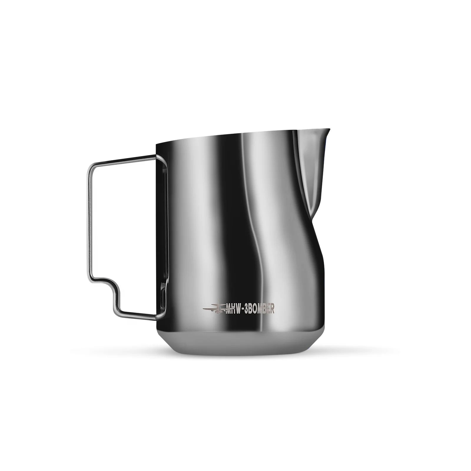 The MHW-3BOMBER Turbo Milk Pitcher Glossy, crafted in stainless steel and featuring a sleek, minimalistic design with a spout and handle, shines in silver-gray against a white backdrop—perfect for latte art.