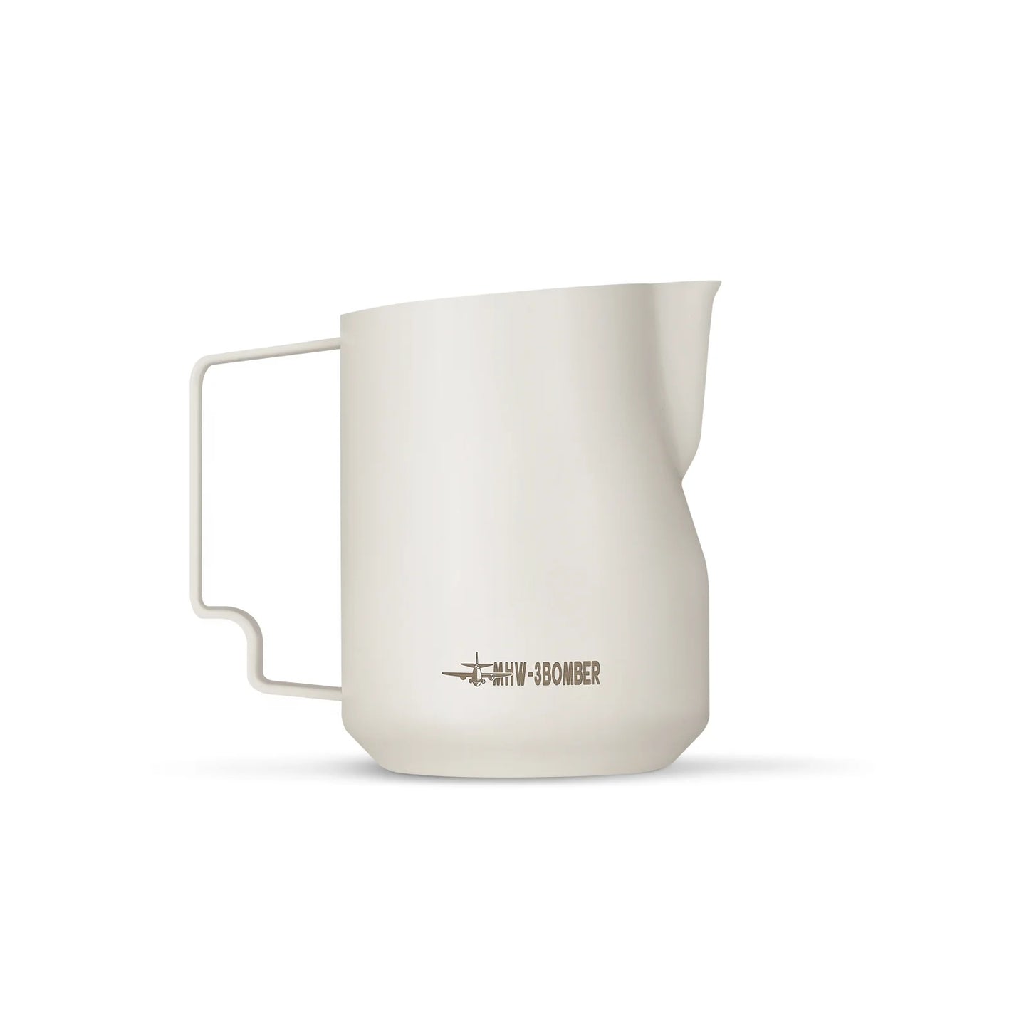 The MHW-3BOMBER Turbo Milk Pitcher White is a minimalist, off-white pitcher with a handle and spout, featuring HMM x 380MIBIER text near the base. Its modern design is set against a plain white background, perfect for latte art.