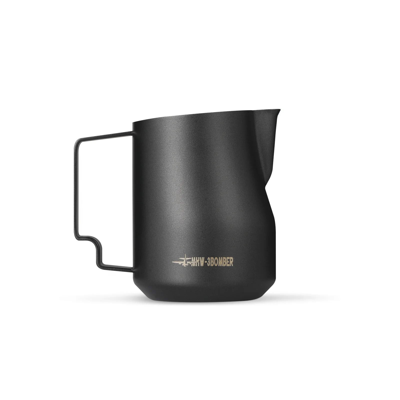 The MHW-3BOMBER Turbo Milk Pitcher in matte black features a sleek stainless steel design with a minimalist look and straight spout for perfect frothing and latte art. Its geometric handle is complemented by a small gold logo MHW-3BOMBER on the plain white background.