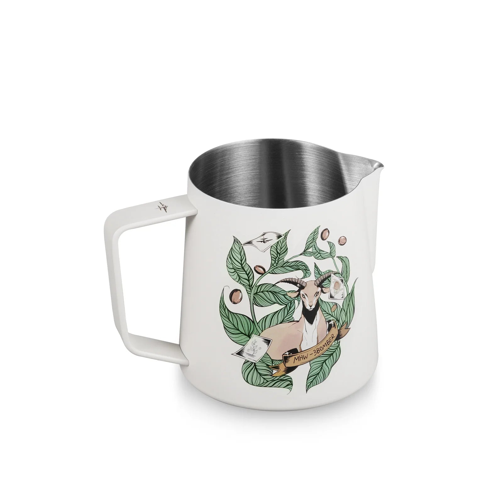 MHW-3BOMBER Origin milk pitcher, 6th Anniversary Edition. White with goat & coffee plant design. 