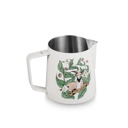 MHW-3BOMBER Origin milk pitcher, 6th Anniversary Edition. White with goat & coffee plant design. 