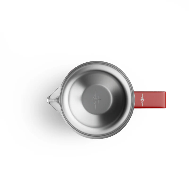 MHW-3BOMBER red latte art pitcher, stainless steel interior, top view. Crocodile cylinder mouth design.