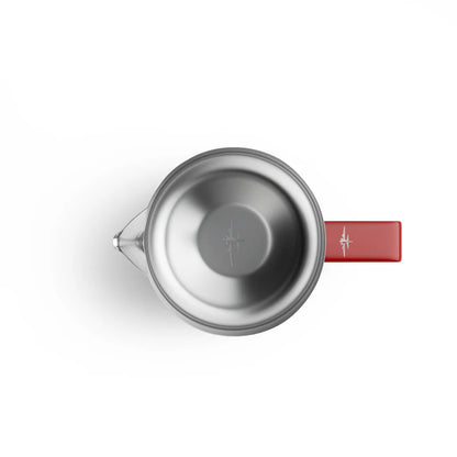 MHW-3BOMBER red latte art pitcher, stainless steel interior, top view. Crocodile cylinder mouth design.