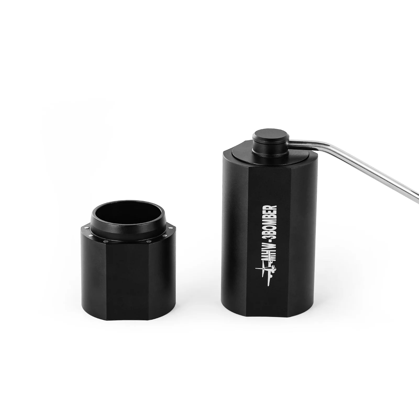 MHW-3BOMBER black manual coffee grinder. Features a seven star stainless steel burr.
