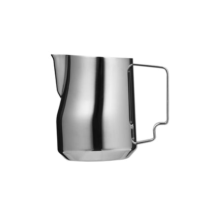 The MHW-3BOMBER Turbo Milk Pitcher Glossy features a stainless steel body with a sturdy handle and precise spout, making it ideal for creating latte art or steaming milk. Its sleek, modern design reflects light beautifully off its smooth surface.
