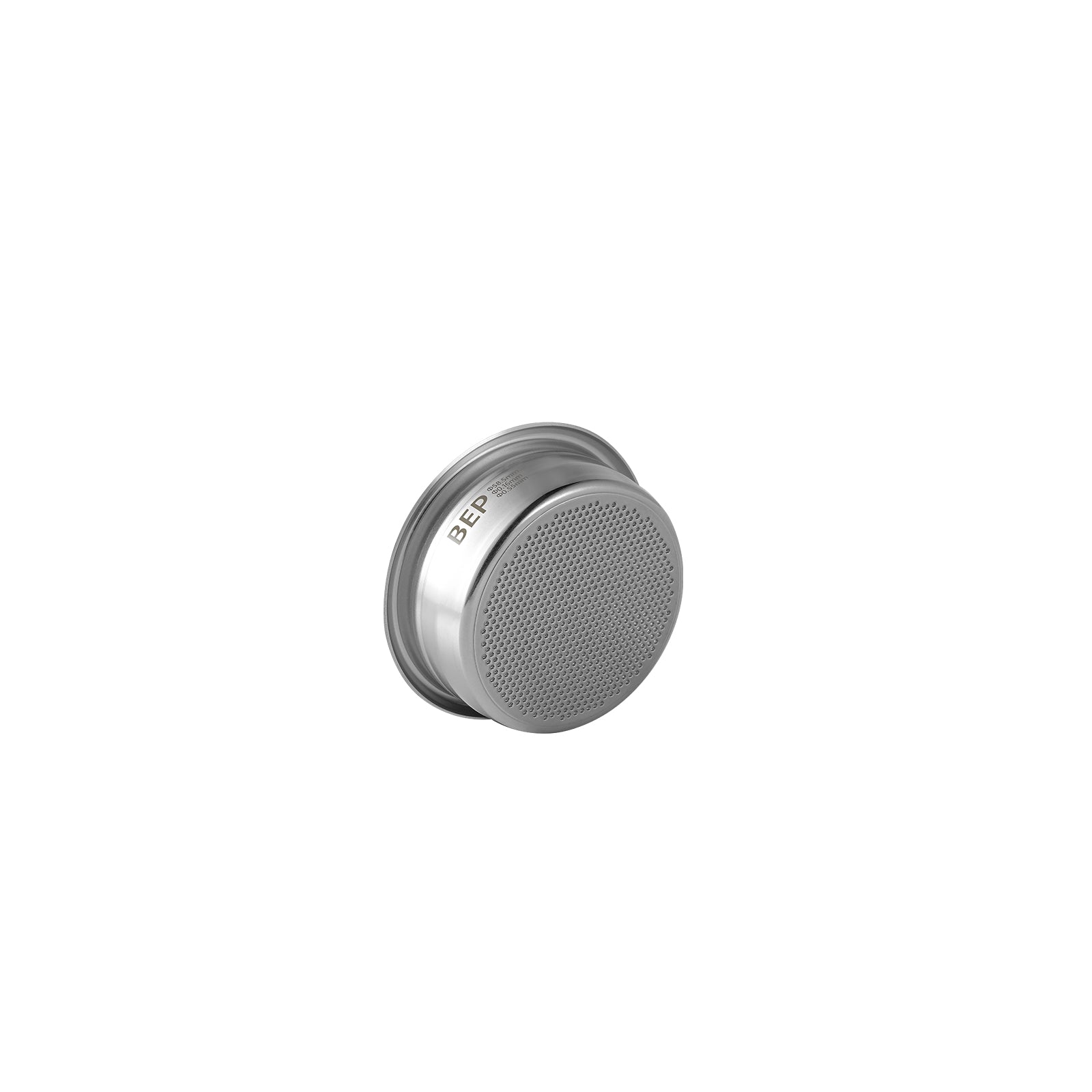 This sleek, round speaker features a grid pattern similar to the MHW-3BOMBER BEP Butterfly Coffee Filter Basket 2.0 58.5mm. Elegantly embossed with BEP on the side, its stainless steel design stands out against a white background.