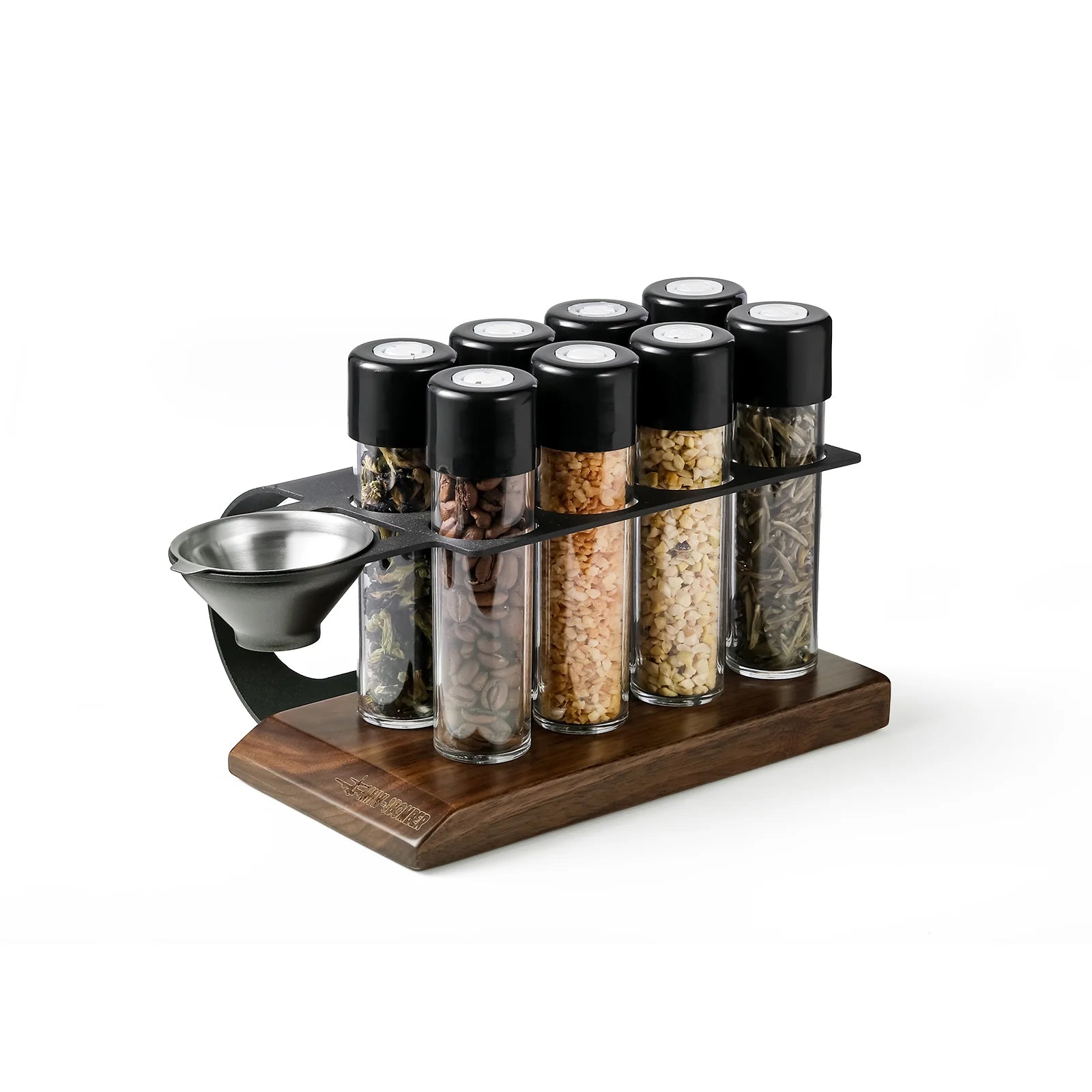 MHW-3BOMBER coffee bean storage set. Glass tubes with black lids in wood rack. Single dose coffee, tea, and espresso.
