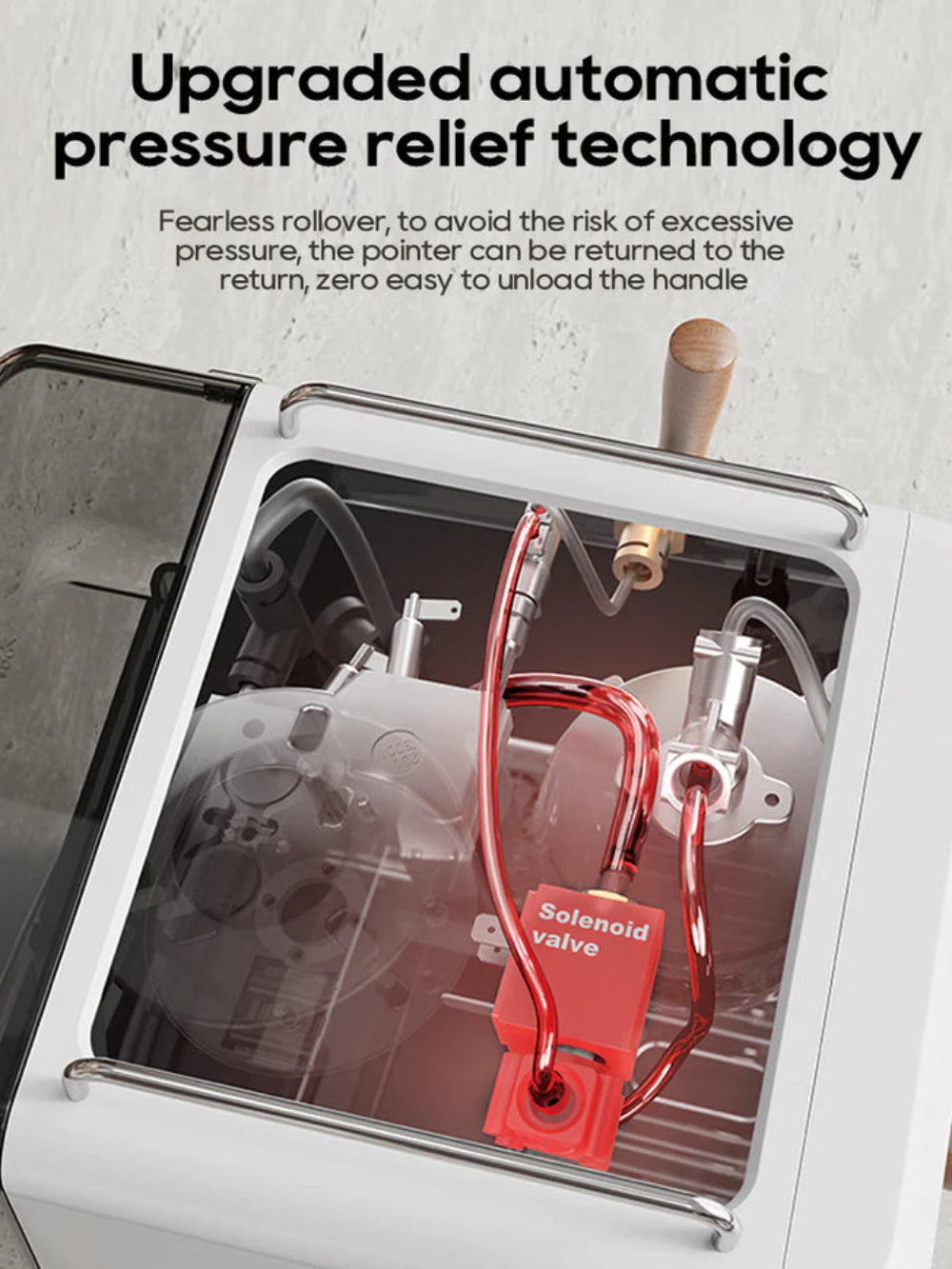 The HiBREW H10 Plus Espresso Coffee Machine offers automatic pressure relief with a solenoid valve and red tubing, mechanical components, a transparent cover, custom coffee experience, rollover prevention, and easy handle release.