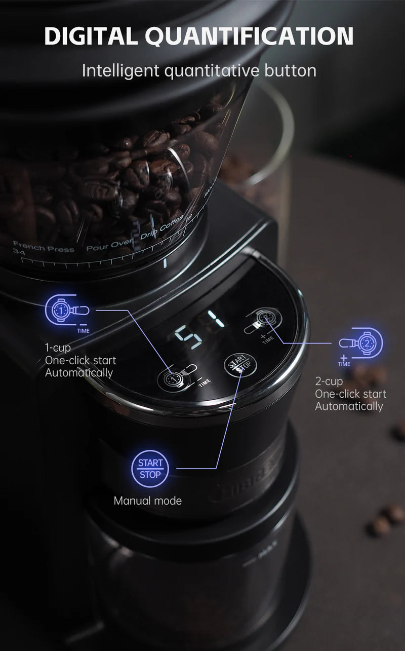 Close-up of the HiBREW G3 by Fix Coffee showcases a digital panel with instructions. Includes 1-cup/2-cup starts, manual mode, and start/stop button. Features a conical burr for adjustable grinding settings; top container holds beans. Text reads Digital Quantification.