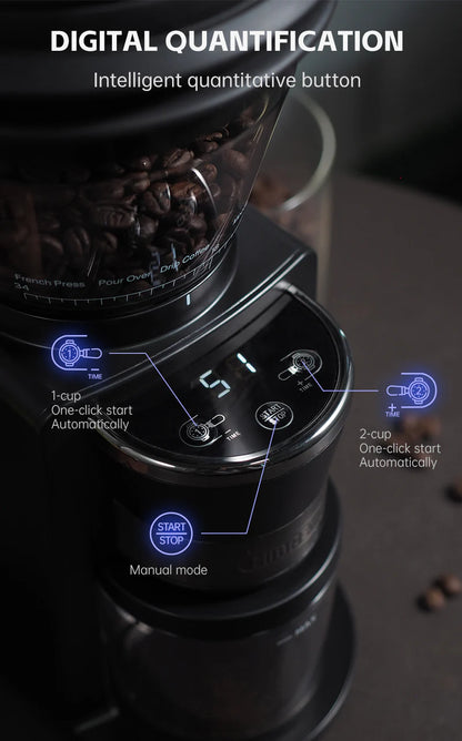 Close-up of the HiBREW G3 by Fix Coffee showcases a digital panel with instructions. Includes 1-cup/2-cup starts, manual mode, and start/stop button. Features a conical burr for adjustable grinding settings; top container holds beans. Text reads Digital Quantification.