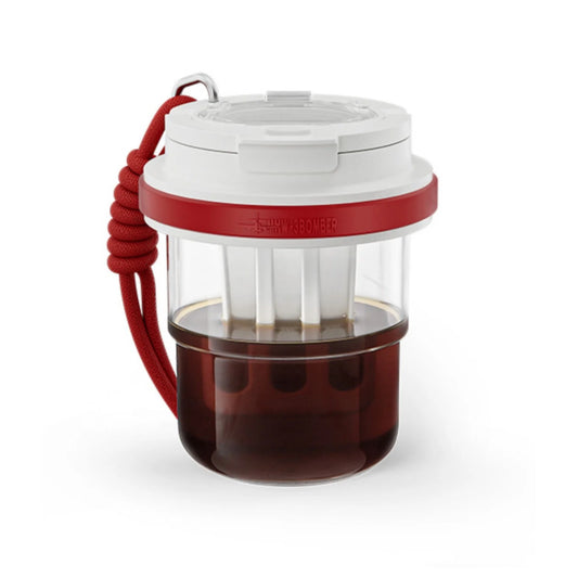 MHW-3BOMBER cold brew cup with red strap. Portable 530ml brewer with clear body and white lid. 