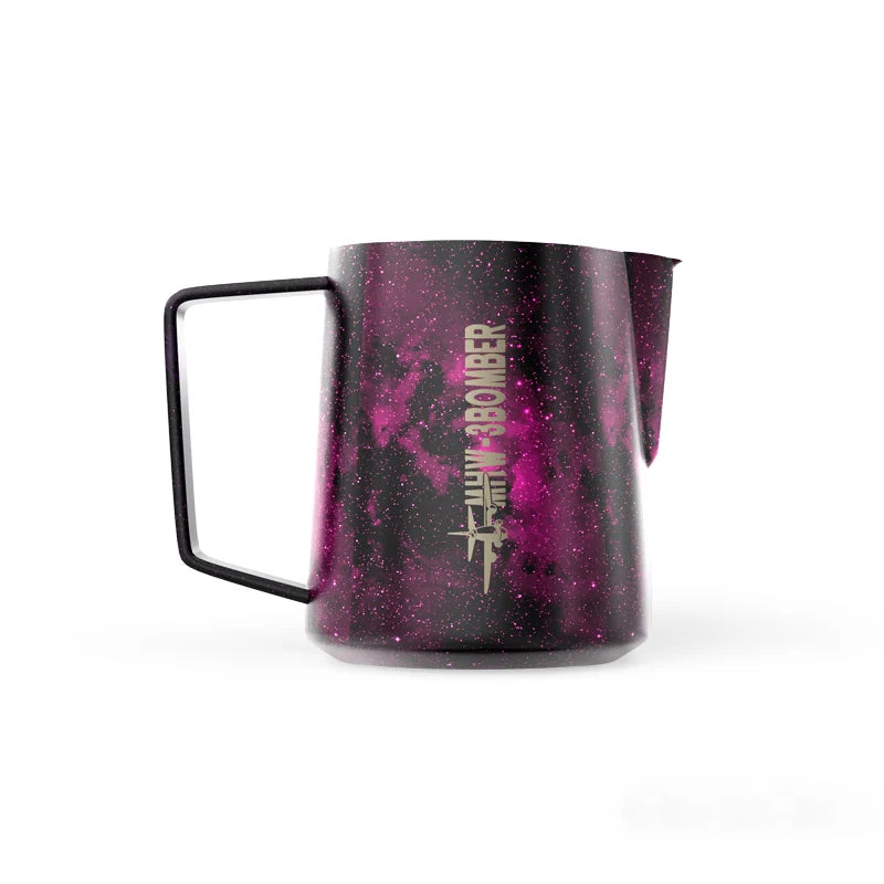 MHW-3BOMBER purple latte art pitcher with space design. Stainless steel milk frothing jug with unique spout.