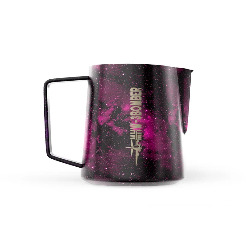 MHW-3BOMBER Latte Art Pitcher 5.0, purple with space design, unique spout for latte art, ergonomic handle.
