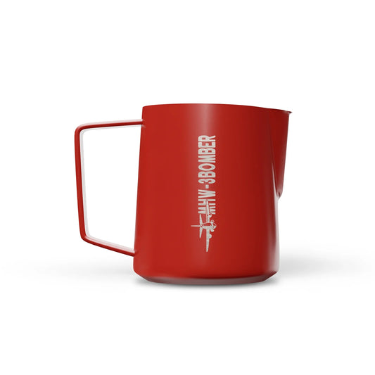MHW-3BOMBER red latte art pitcher with logo. Crocodile spout, ergonomic handle. 
