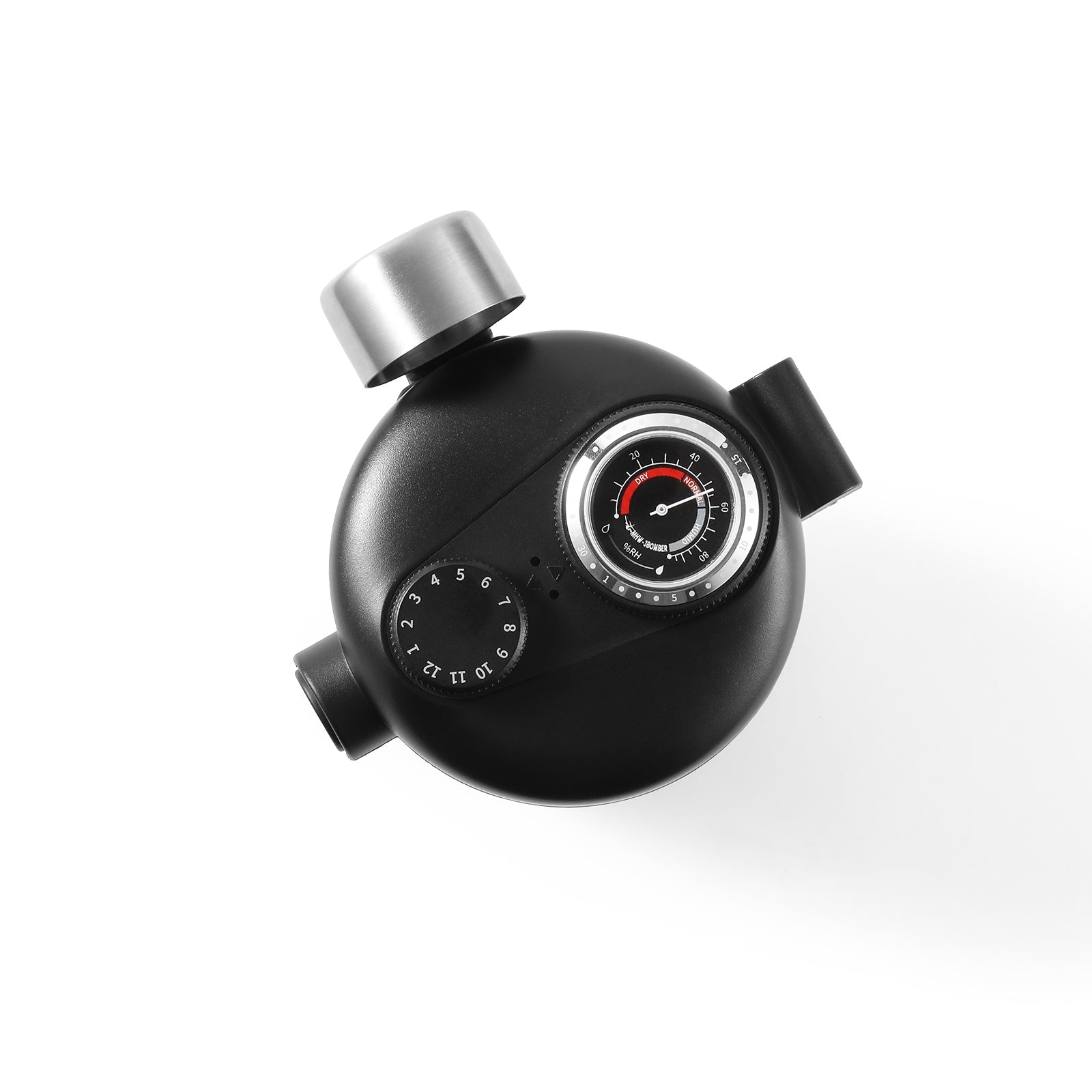 MHW-3BOMBER black coffee canister with gauge, date dial, and magnetic spoon top. 