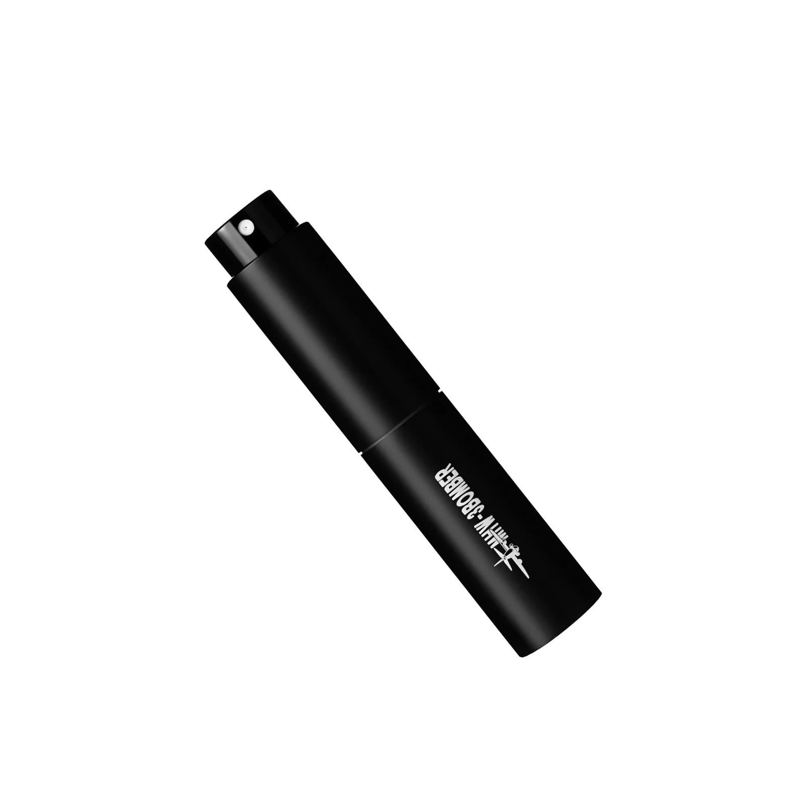 Against a white background, the black cylindrical spray bottle from the MHW-3BOMBER Ovo Coffee Scale & Spray Bottle Set, inscribed in white with Giorgio Armani, stands slightly diagonal. Its precise design resembles an espresso scale, with the nozzle elegantly visible at the top.