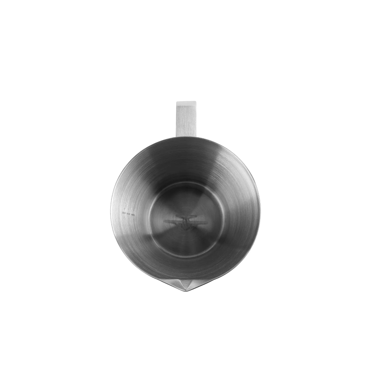 The MHW-3BOMBER Stainless Steel Measuring Cup, ideal for coffee brewing, features a handle and spout. Its smooth reflective surface with minimal internal volume markings is showcased against a plain white background.