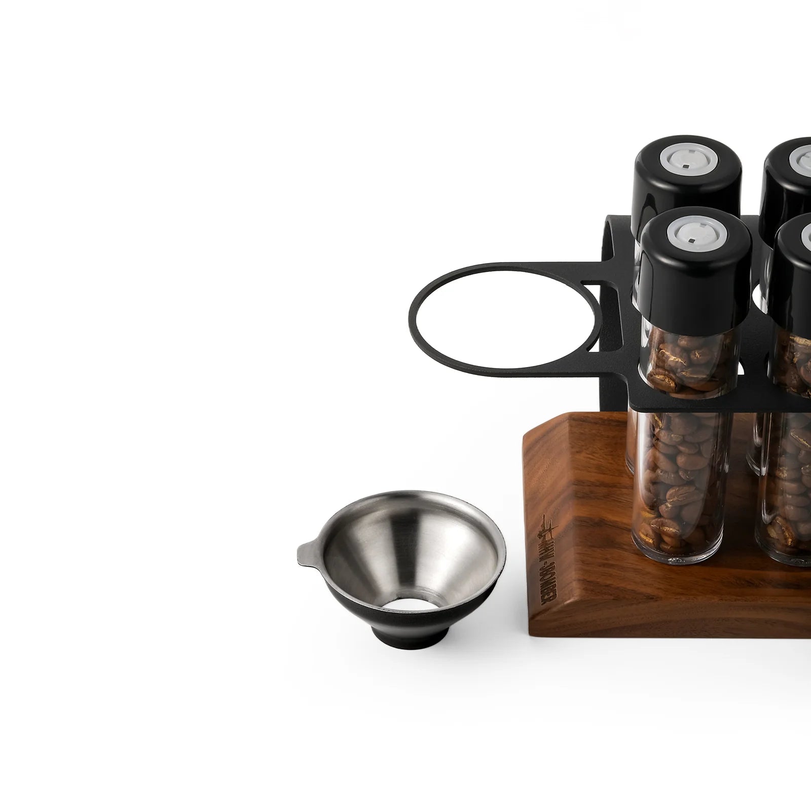MHW-3BOMBER coffee bean tubes set with wood stand, black accents, and a metal funnel on white. 