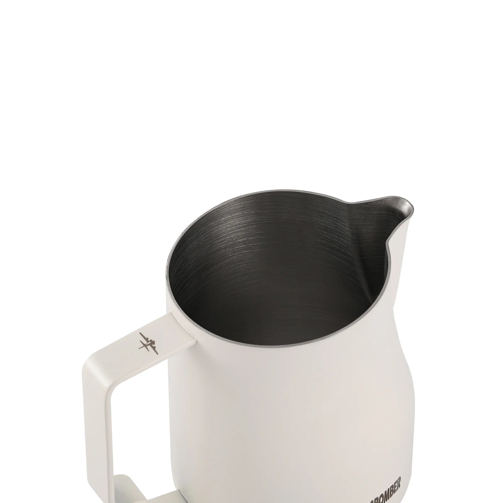 The MHW-3BOMBER Turbo Milk Pitcher in white features a spout, stainless steel interior for latte art, and a squared handle with a small logo. Viewed from above at an angle.