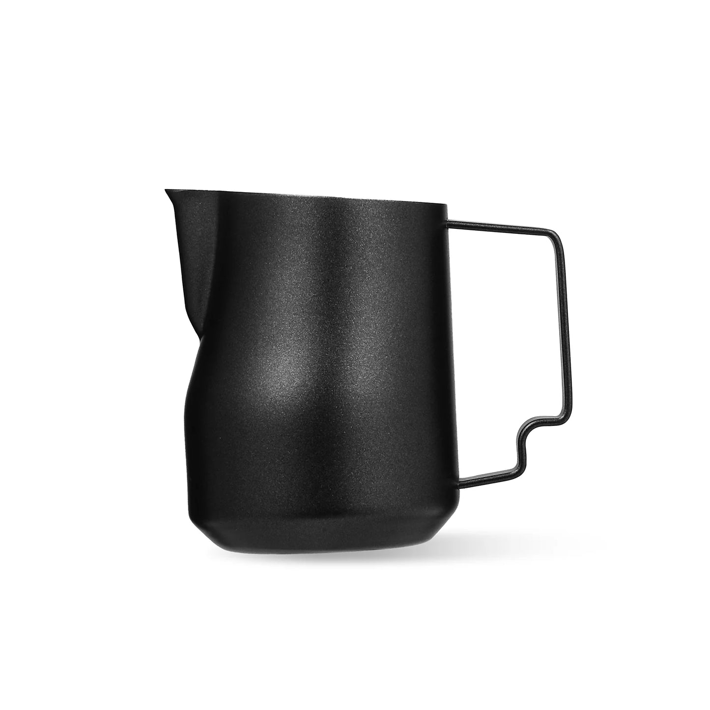 The MHW-3BOMBER Turbo Milk Pitcher Matte Black is a sleek, stainless steel frothing pitcher with a matte black finish, featuring a spout and angular handle, perfect for creating exquisite latte art. Isolated on a pristine white background, it combines style with functionality.