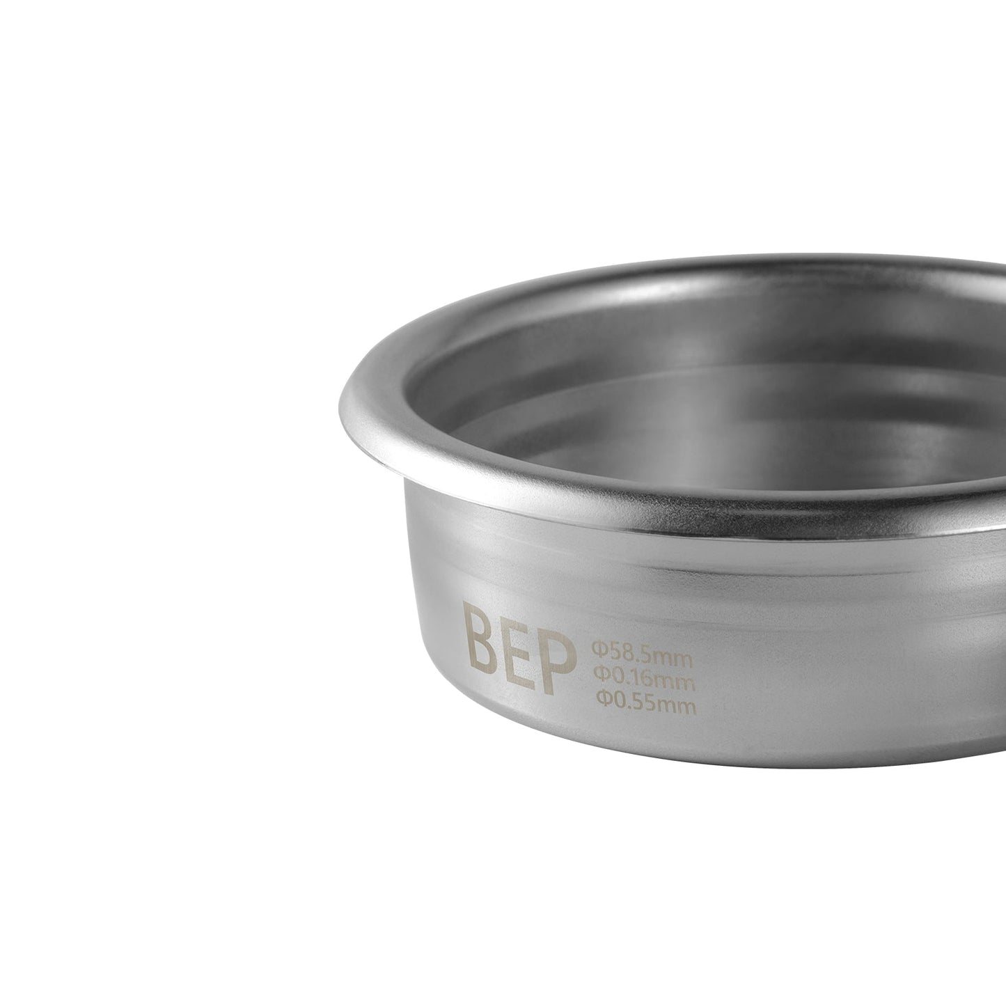 The image displays the MHW-3BOMBER BEP Butterfly Coffee Filter Basket 2.0, a stainless steel bowl with BEP and measurements Φ58.5mm Φ1016mm Φ0.55mm inscribed on its side, resembling an espresso filter basket against a plain white background, accentuating its sleek design.