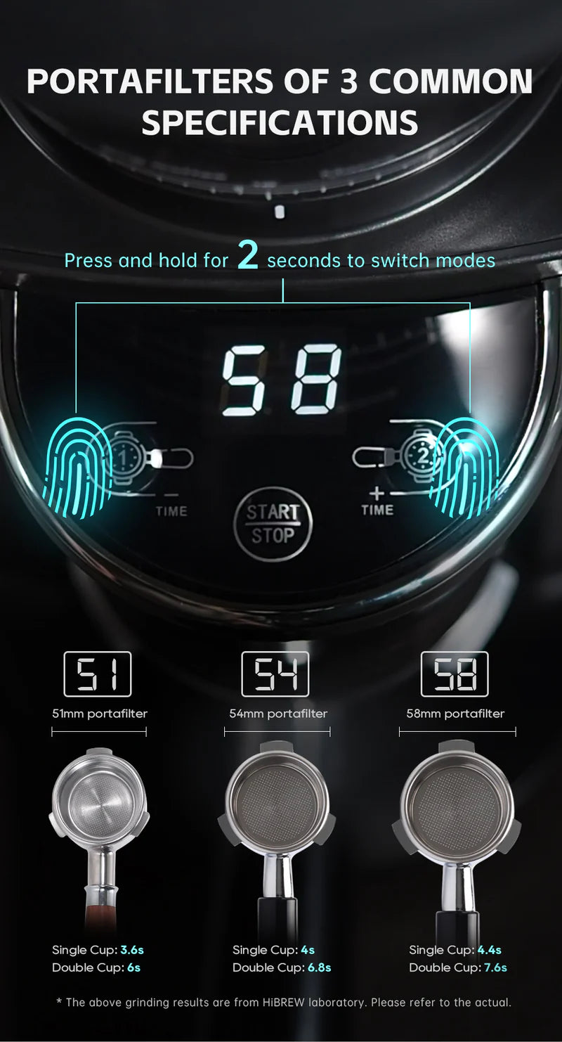 A close-up of a coffee machine display shows 58 with biometric icons. Below are images of three portafilters—51mm, 54mm, and 58mm—highlighting adjustable grind settings. Notes detail single and double cup grinding times using the Fix Coffee HiBREW G3 40mm Conical Burr Electric Coffee Grinder.