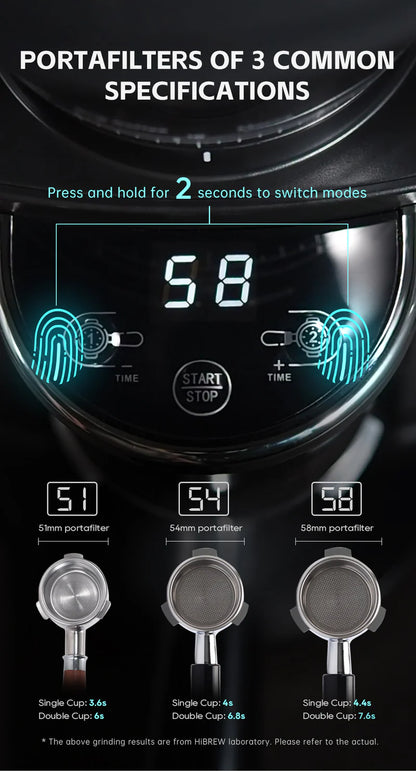 A close-up of a coffee machine display shows 58 with biometric icons. Below are images of three portafilters—51mm, 54mm, and 58mm—highlighting adjustable grind settings. Notes detail single and double cup grinding times using the Fix Coffee HiBREW G3 40mm Conical Burr Electric Coffee Grinder.