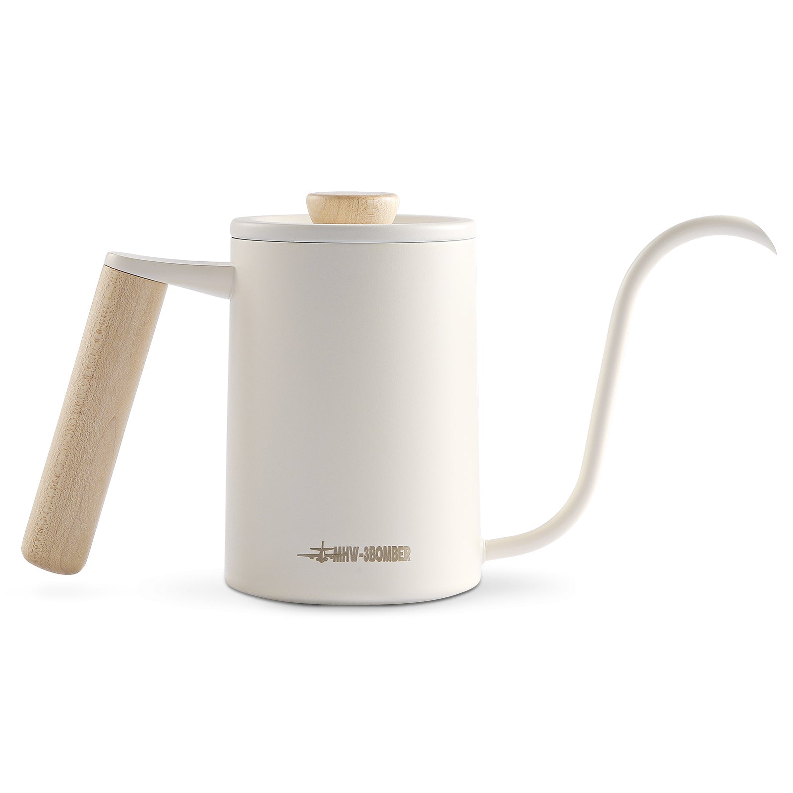 The MHW-3BOMBER Planet Hand Brewing Kettle is sleek and minimalist, featuring a white cylindrical body, long gooseneck spout, and wooden handle with lid knob. The model HWY-380BMR is elegantly printed on the side.