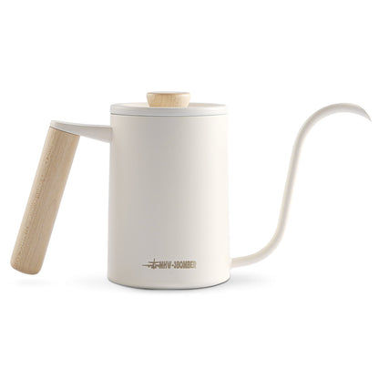 The MHW-3BOMBER Planet Hand Brewing Kettle is sleek and minimalist, featuring a white cylindrical body, long gooseneck spout, and wooden handle with lid knob. The model HWY-380BMR is elegantly printed on the side.