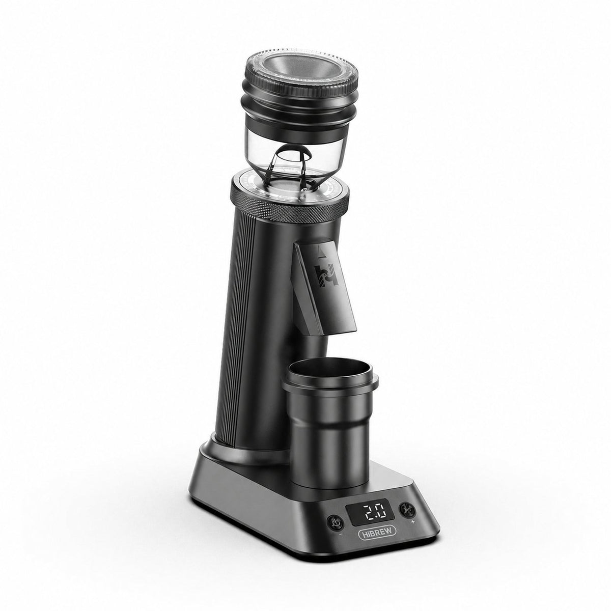 HiBREW G5 Plus grinder with digital timer on a clean white background; corner logo removed (reference render).