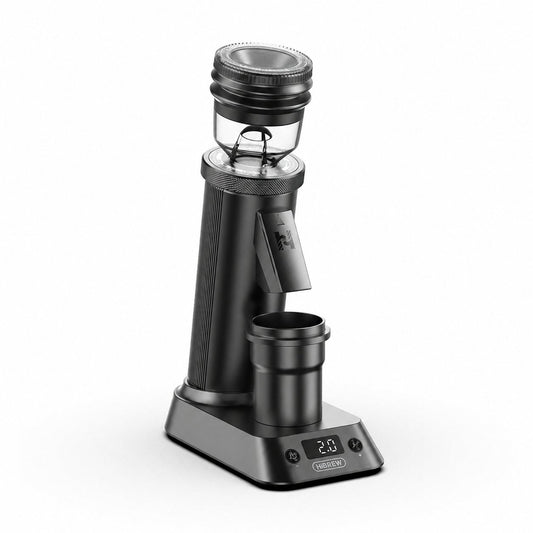 HiBREW G5 Plus grinder with digital timer on a clean white background; corner logo removed (reference render).