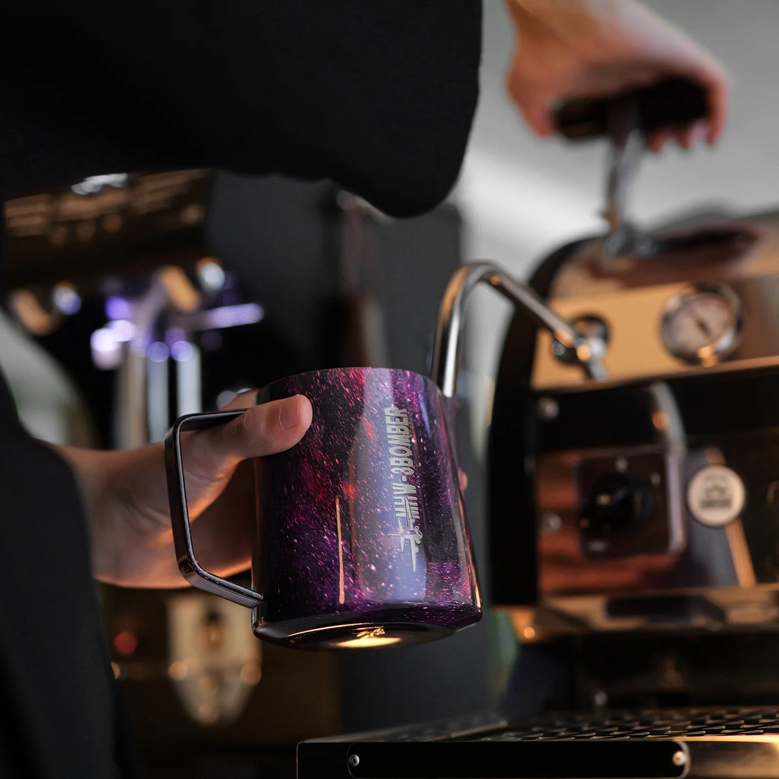MHW-3BOMBER Purple latte art pitcher with galaxy design being used.
